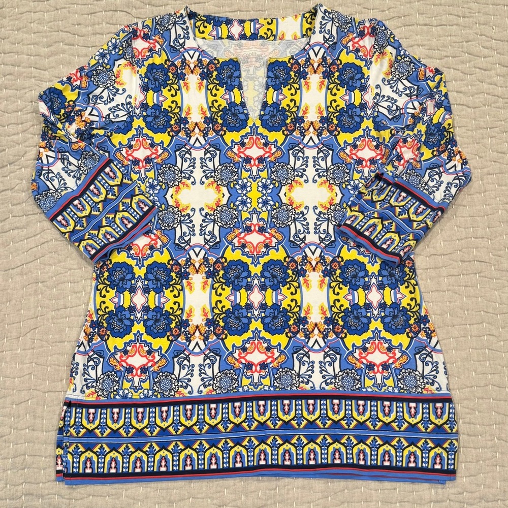 Coolibar St Lucia Tunic Top UPF 50 M Blue Floral Resortwear Sun Coastal ChiC